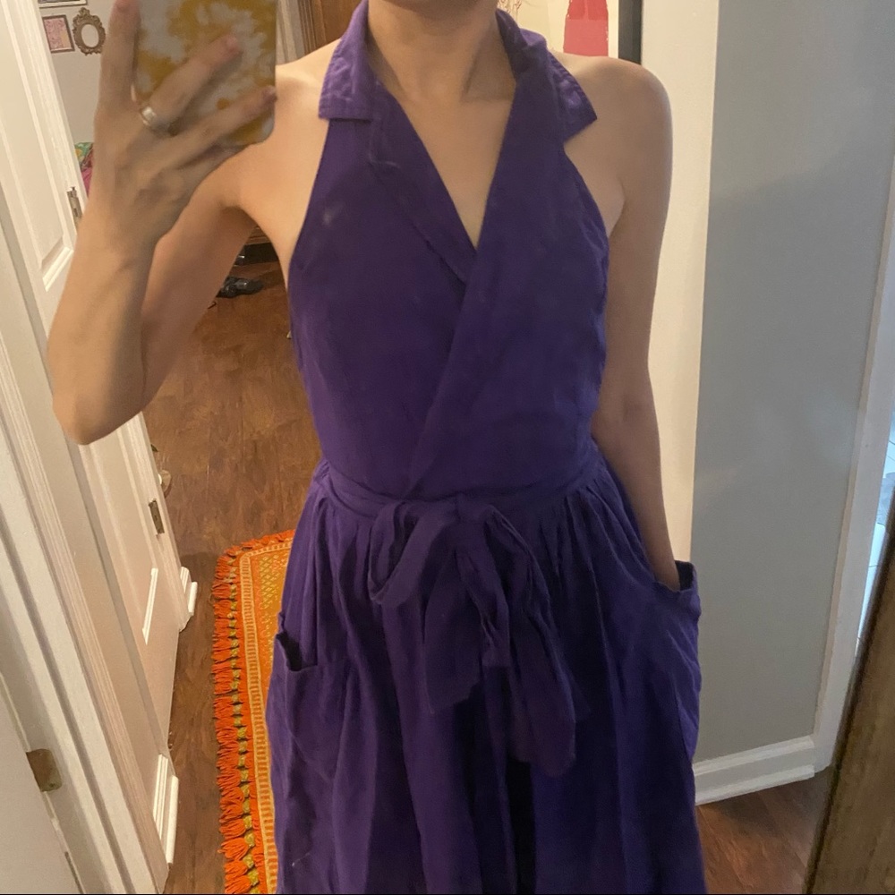 Vintage moonglow purple apron halter pocket dress tie back S